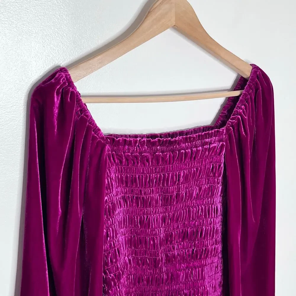 Anthropologie Velvet Smocked Puff Sleeve Crop Top XS